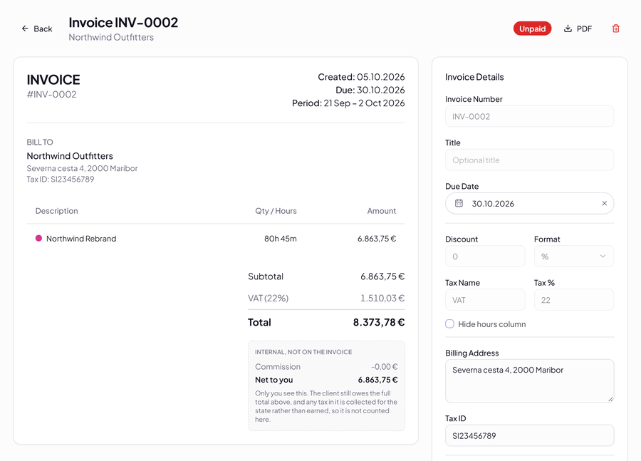 An invoice with its line, subtotal, VAT and total, a PDF button, and an internal panel marked "not on the invoice" showing the amount net to you.
