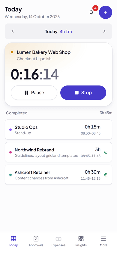 ClockDoc on a phone: Today, with a running timer on Lumen Bakery Web Shop, the day's completed entries, and tabs for Today, Approvals, Expenses, Insights and More.