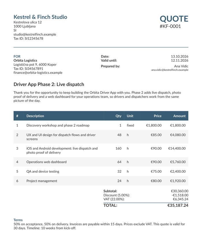 The first page of a quote PDF: the studio's details, the client, the dates, a short introduction and six priced line items.