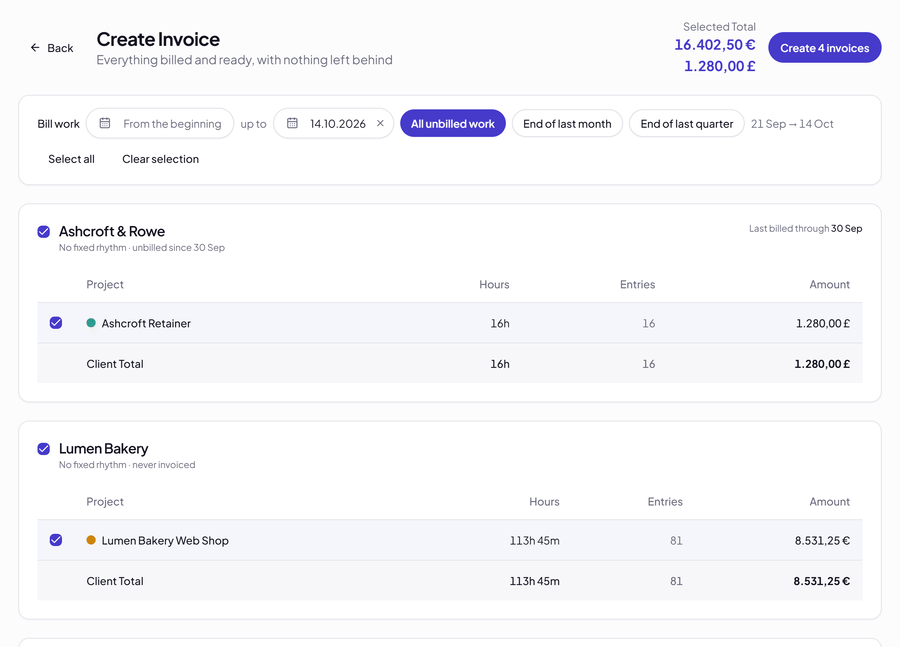 Create Invoice: unbilled hours grouped by client, with a selected total in euros and in pounds and a button to create four invoices.